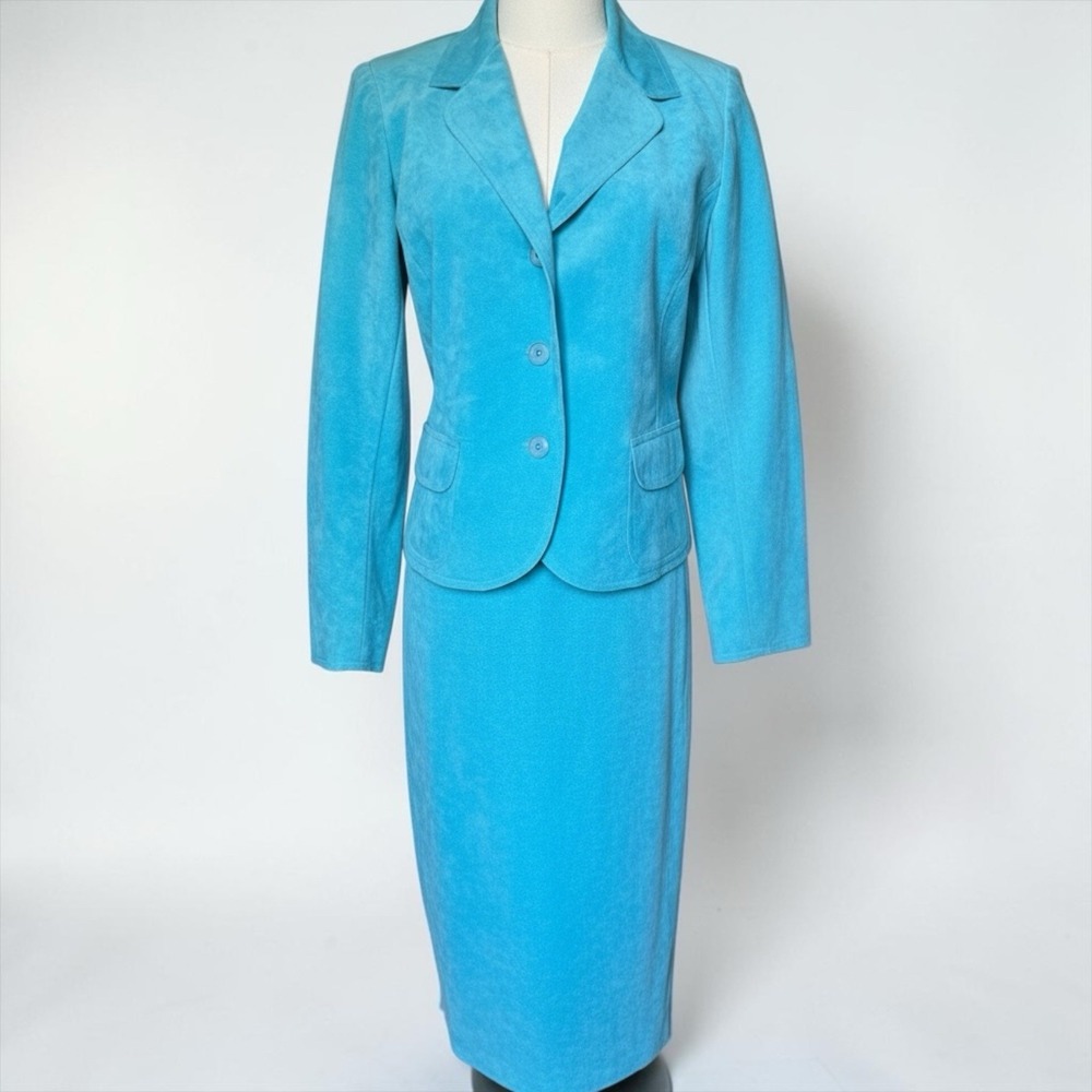 Vintage Ultrasuede Aqua Turquoise Skirt Suit Womens 10 USA Made ILGWU 80s